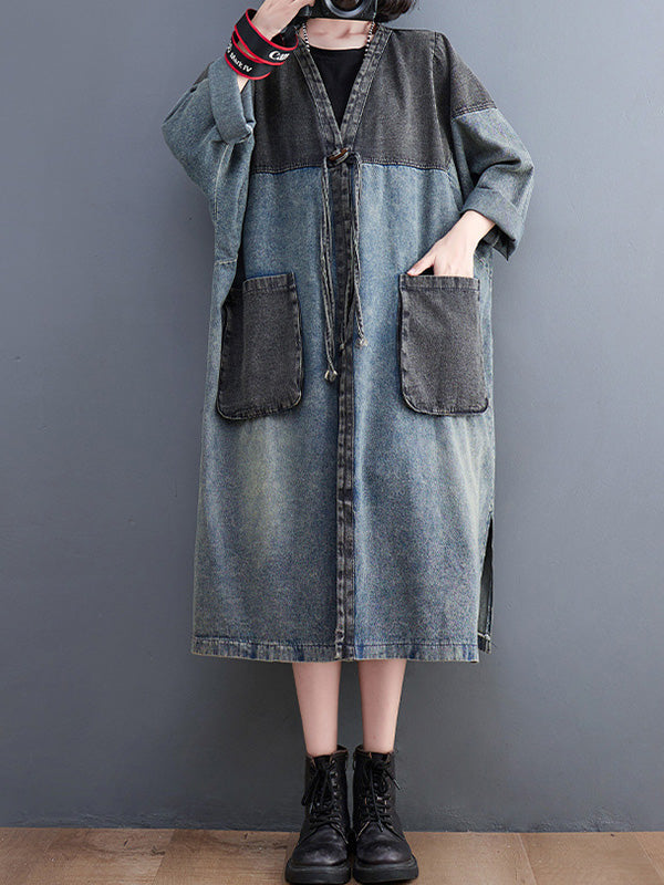 Artistic Retro Denim Long Sleeves Loose Tied Split-Joint Trench Outerwear