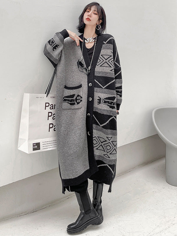 Urban Roomy Knitting Asymmetric Jacquard Cardigan Coat