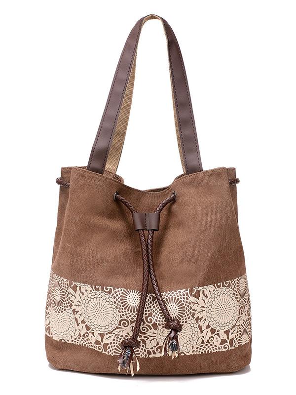 Ethnic Style Printed Canvas Drawstring Bucket Bag