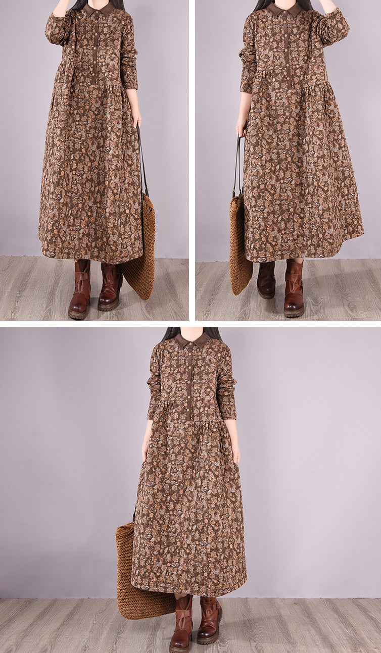 Floral Lapel Loose-Fitting Midi Dress