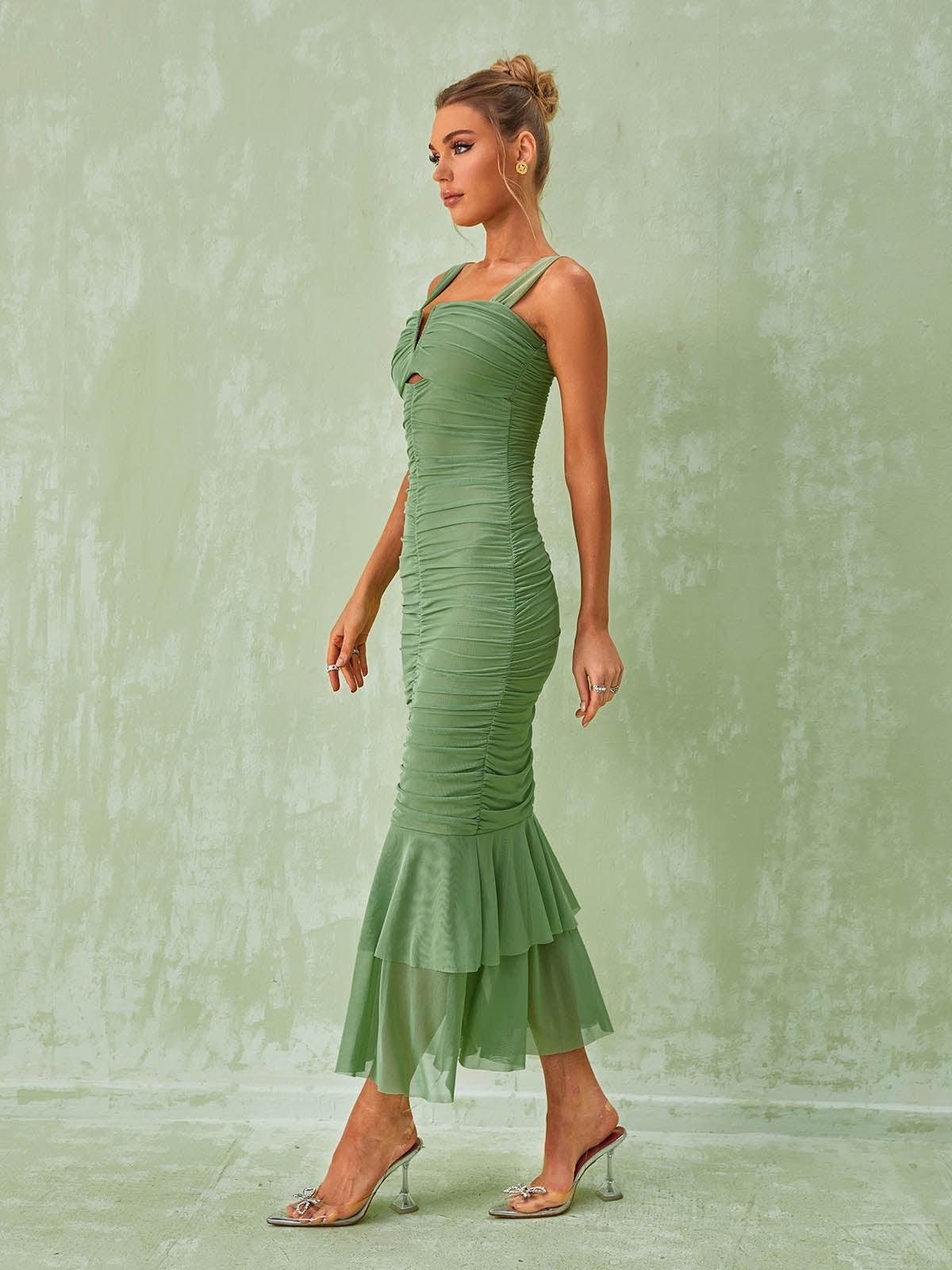 Eri Ruched Mesh Maxi Dress In Green