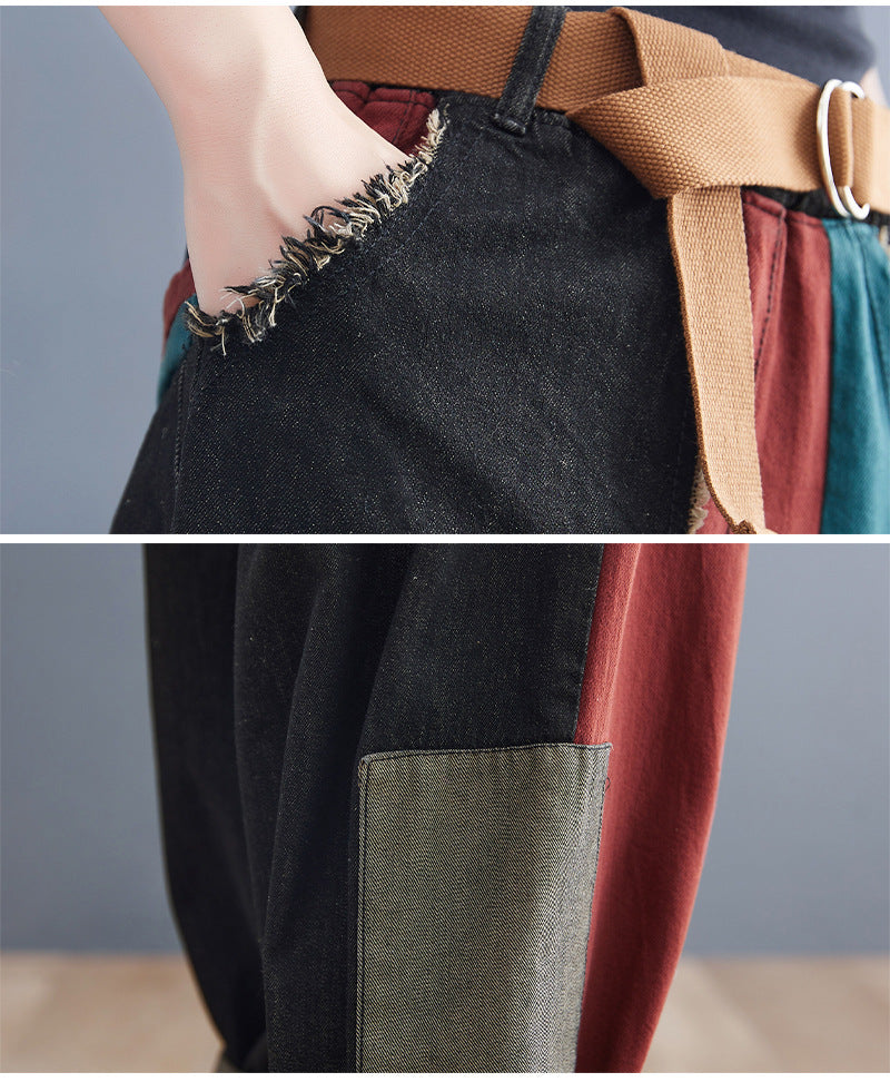 Large Size Loose Personality Stitching Denim Harem Pants