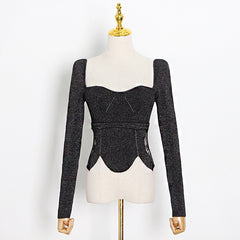 Women Puff Sleeve Lace Stitching Slim Fit Sweater