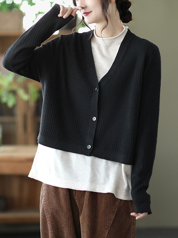 Retro Color-Block Fake Two-Piece Knitted Sweater Cardigan