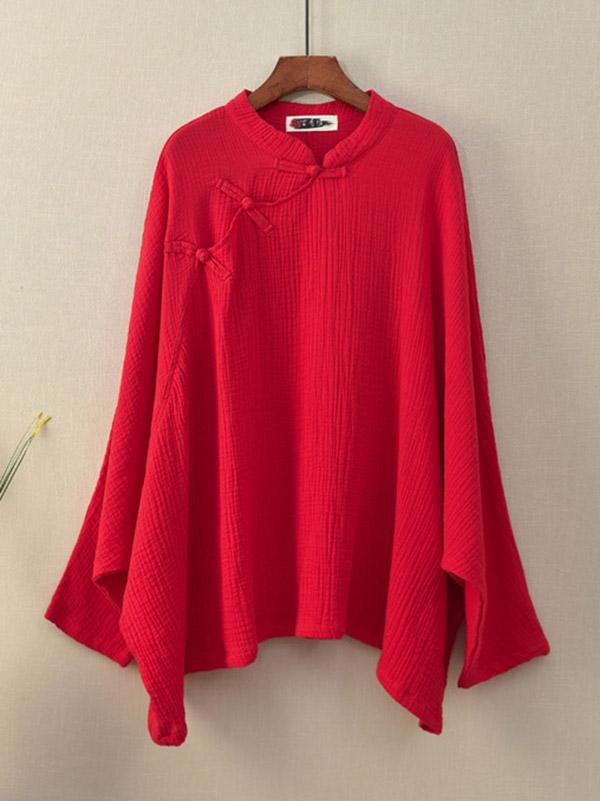 Vintage Solid Color Loose Button Bat Sleeve T-Shirt