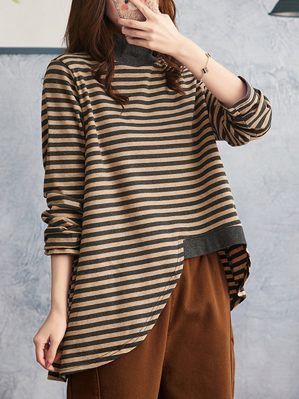 Women Striped High Neck Loose Bottoming Shirt