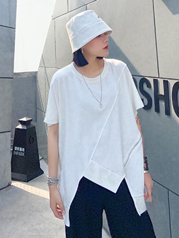 Asymmetric Split-Joint Round-Neck T-Shirt