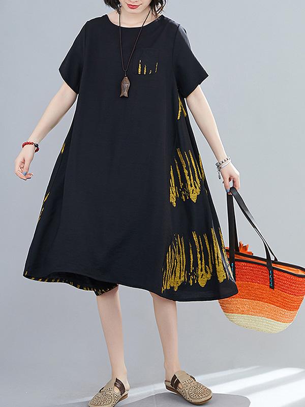 Loose Round Neck Printed Splicing Dress