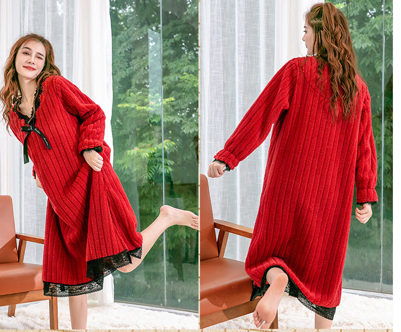 Casual Loose Solid Color V-Neck Coral Fleece Midi Pajamas Dress