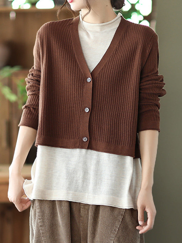 Retro Color-Block Fake Two-Piece Knitted Sweater Cardigan