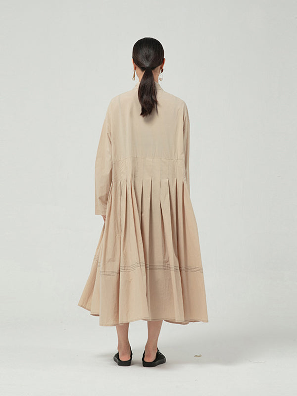 Solid Color Long Sleeve Pleated Maxi Dress