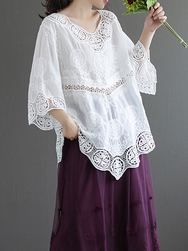 Round Neck Embroidered Hollow Half Sleeves Blouse