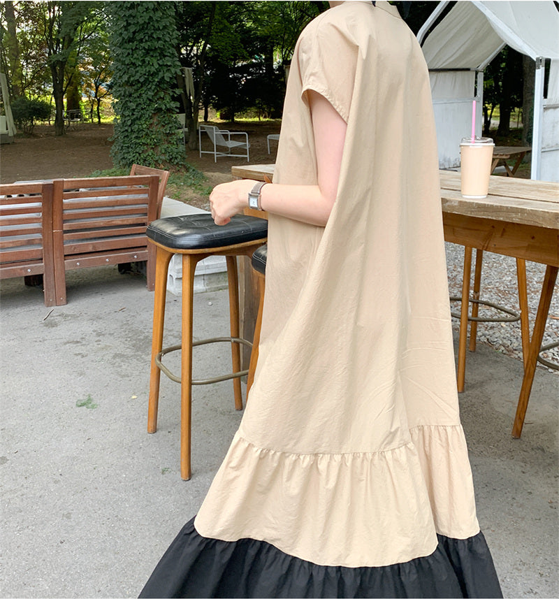 Retro Loose Thin Contrast Stitching Dress