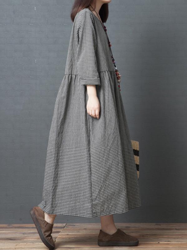 Cute Naional Plaid Red Button Long Dress