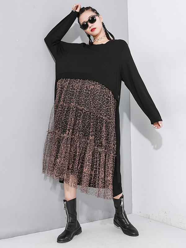 Leopard Splicing Round Collar False Two Midi Dress
