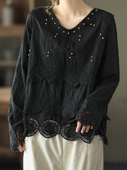 Solid Embroidered Long Sleeves Lace T-Shirt