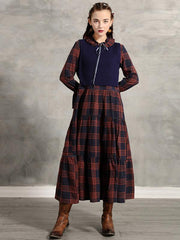 Vintage Pleated Bow Plaid Doll-Neck Midi Dress