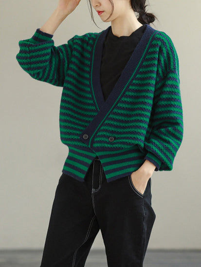 Loose Casual V-Neck Stitching Striped Sweater Coat