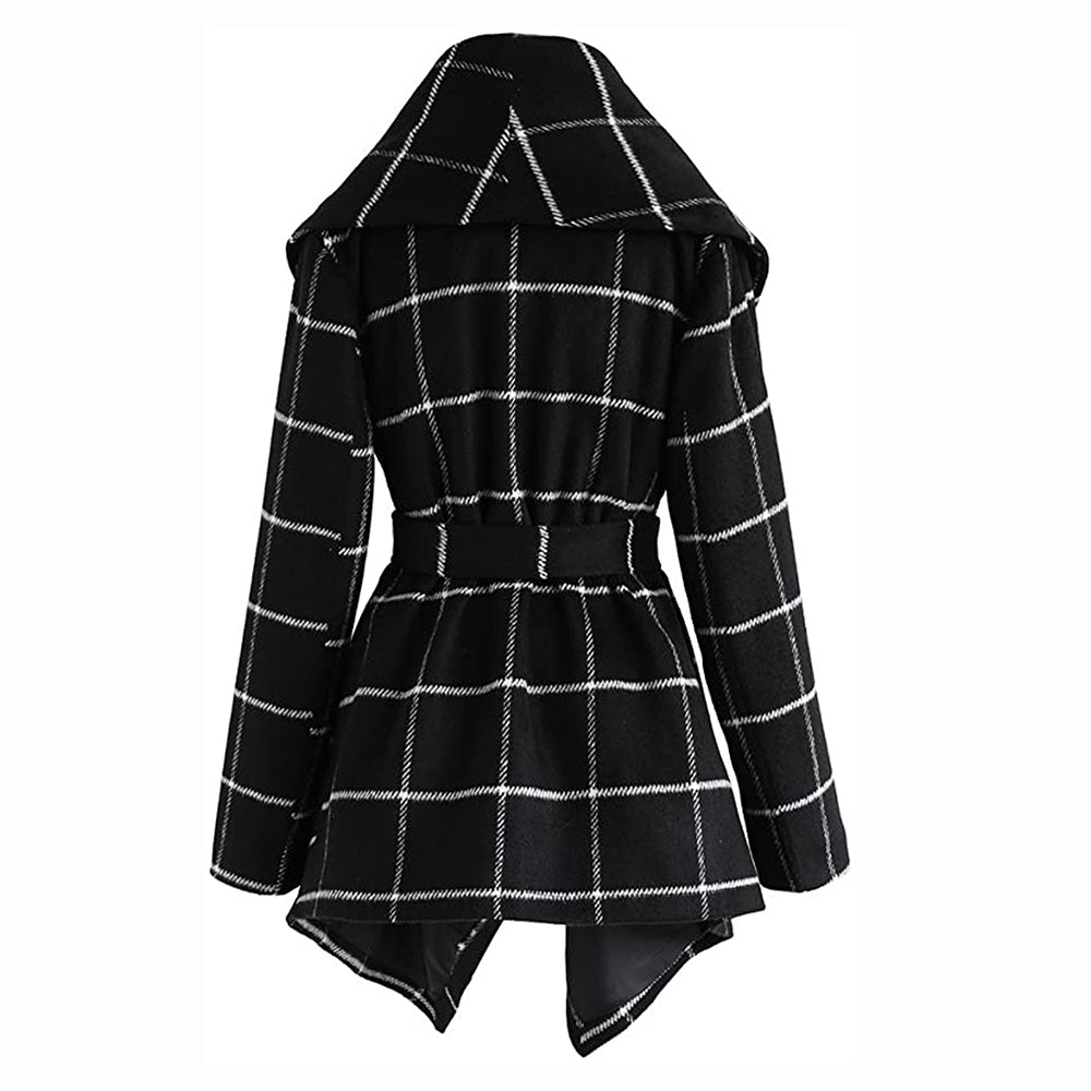 Lace-Up Check Color-Block Woolen Coat