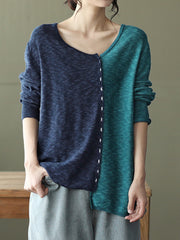 Retro And Loose Color Block Knitted Round Neck Top