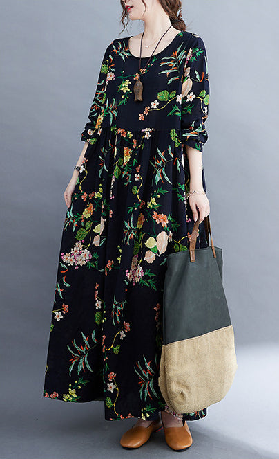 Round Neck Long Sleeve Floral Printed Retro Maxi Dress