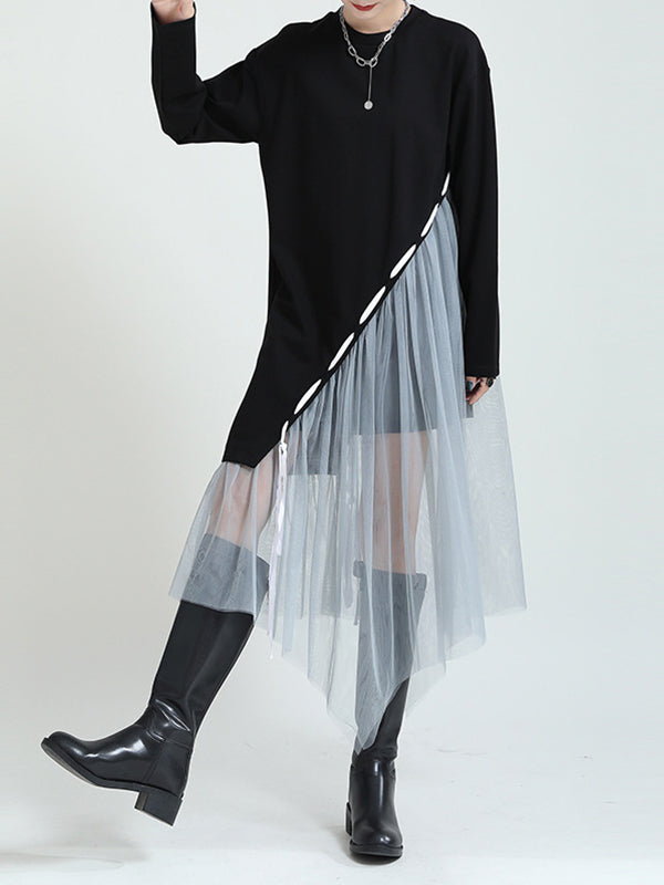 Stitched Mesh Irregular Drawstring Dress