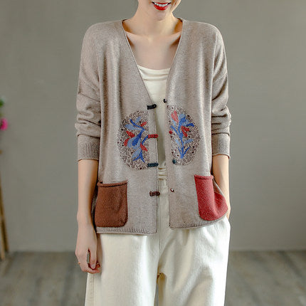 Vintage Printed Plate Button Sweater Coat