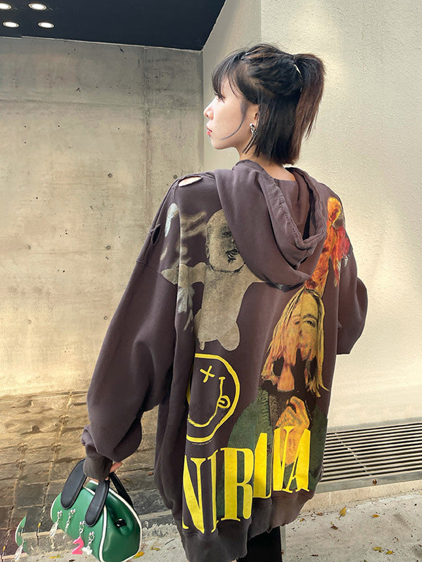 Loose Printed Hooded Long Sleeve Top