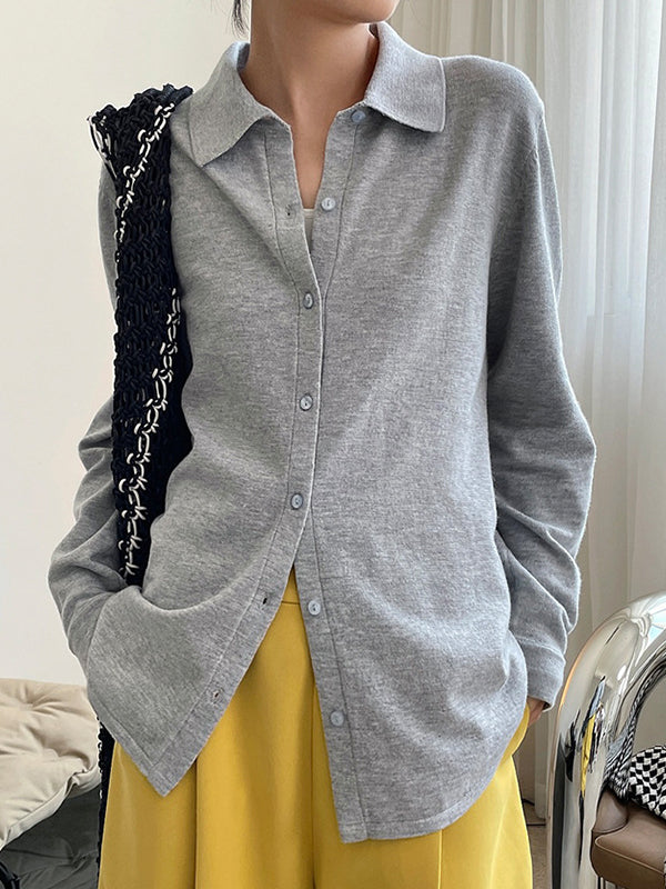 Solid Color Lapel Knit Loose Shirt