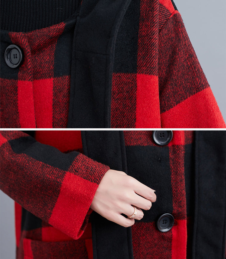 Hooded Thick Woolen Plaid Loose Long Coat