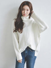 White Knitting Split-side High-neck Sweater