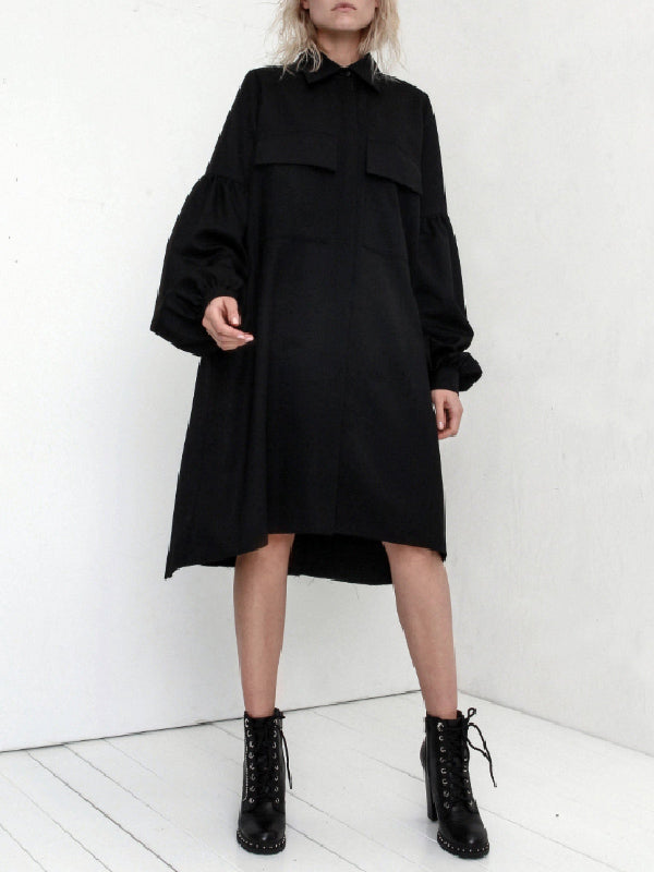 Black Lapel Puff Sleeves Midi Dress
