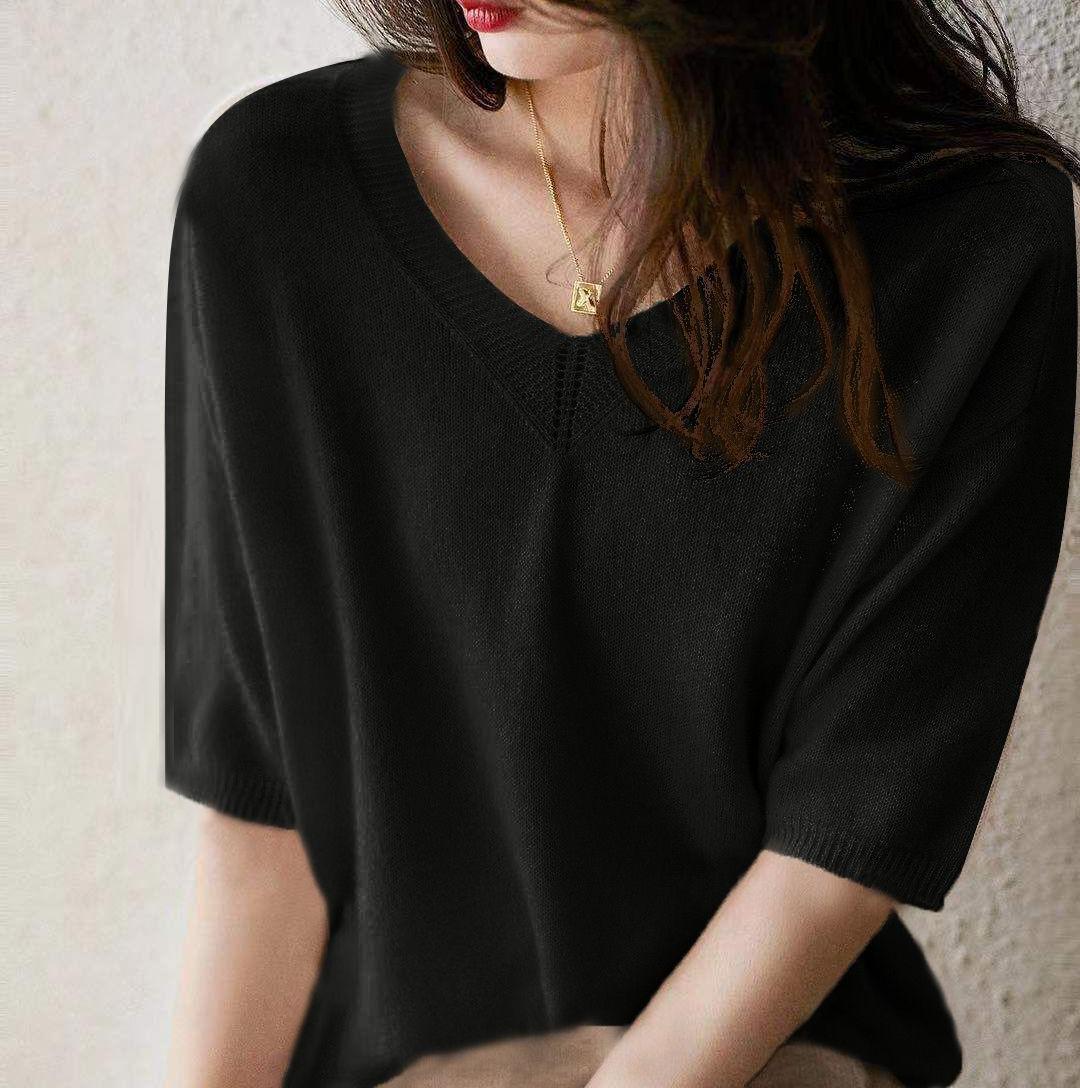 Loose Solid Color Half Sleeve Knitted Sweater