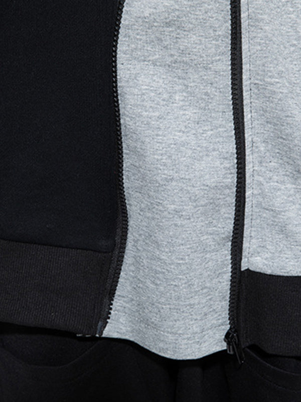 Casual Roomy Long Sleeves Contrast Color Split-Joint Zipper Round-Neck Sweatshirt Tops