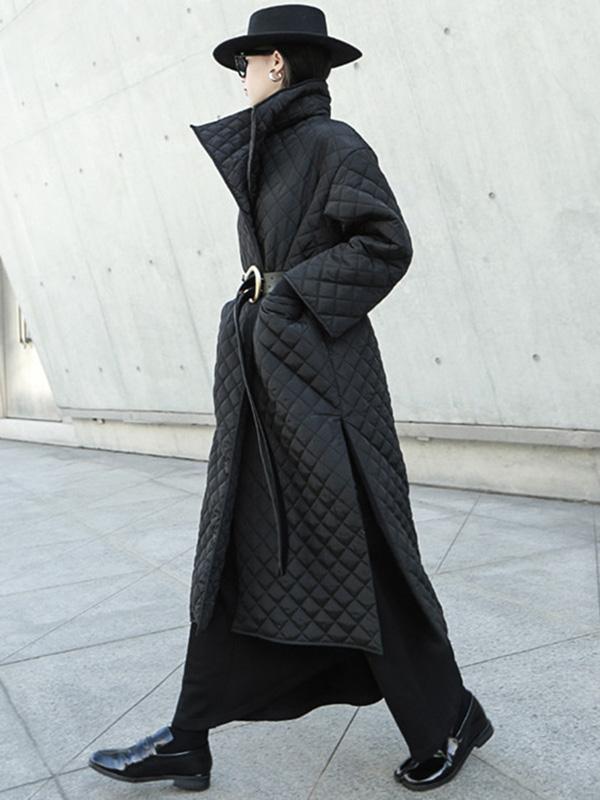Black Rhombic Split-Side High Collar Long Coat