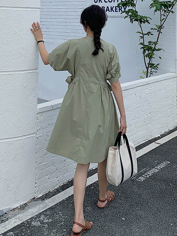 Original Solid V-Neck Puff Sleeve Dress