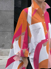 High-Low Long Sleeves Contrast Color Printed Split-Joint Split-Side Lapel Blouses