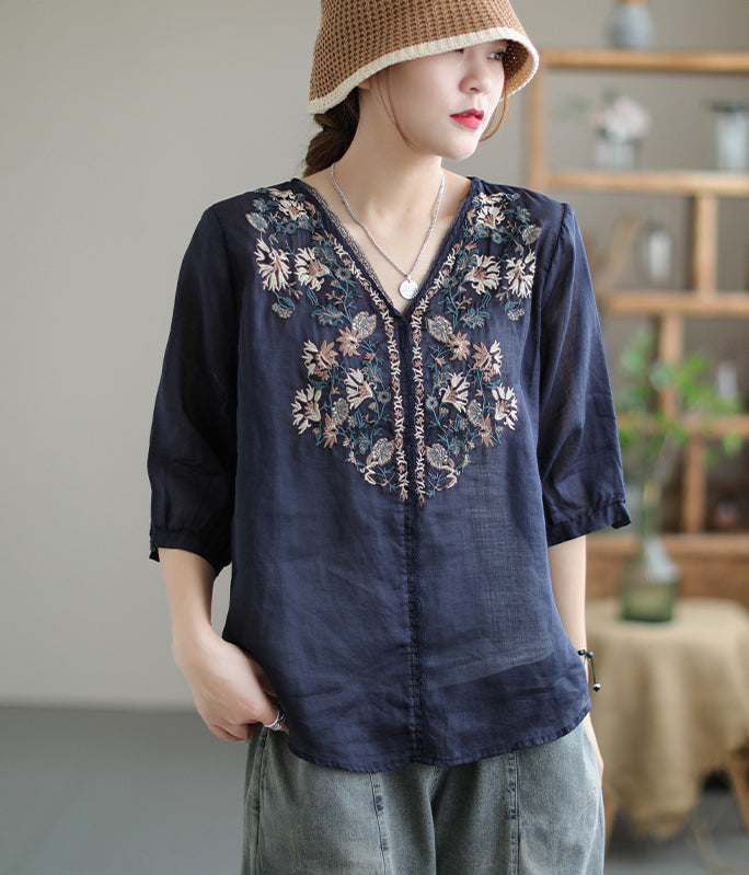 Vintage Embroidery V Neck Short Sleeve Thin T-Shirt