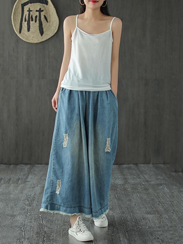 Loose Elastic Waist Wide-Leg Jean Pants