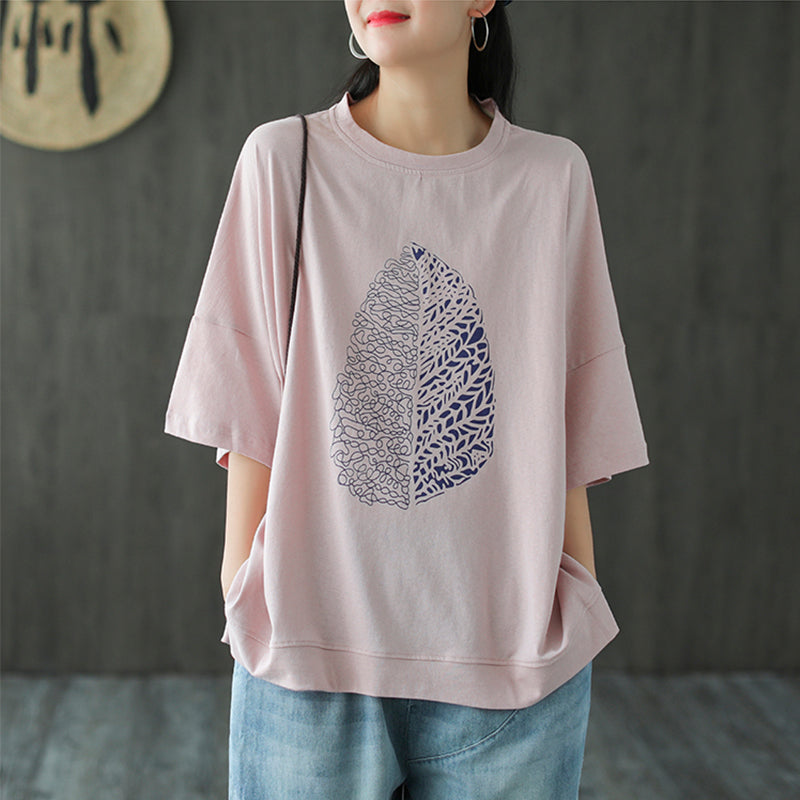 Leaf Printed Summer Half Sleeve Cotton T-Shirt