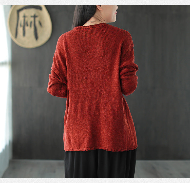 Solid V-Neck Loose Retro Cardigan Outwear