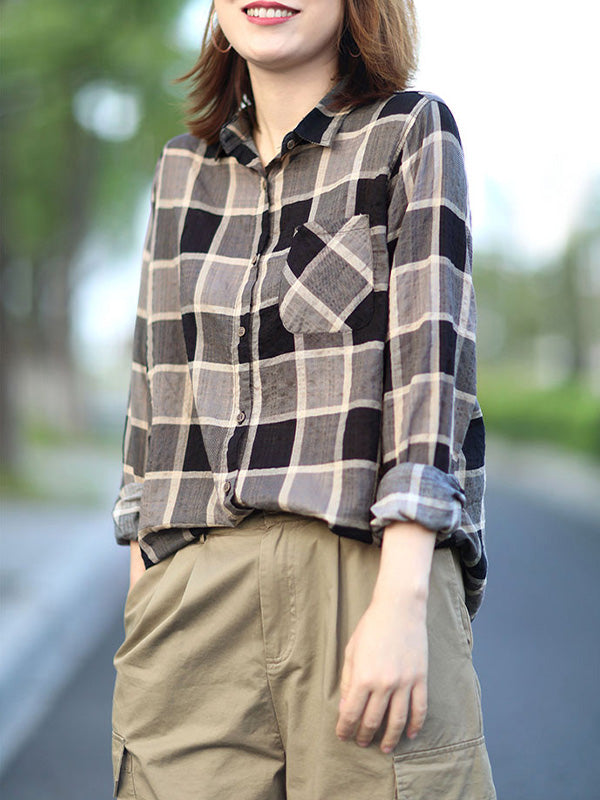 Artistic Splicing Small Pocket Retro Plaid Shirts