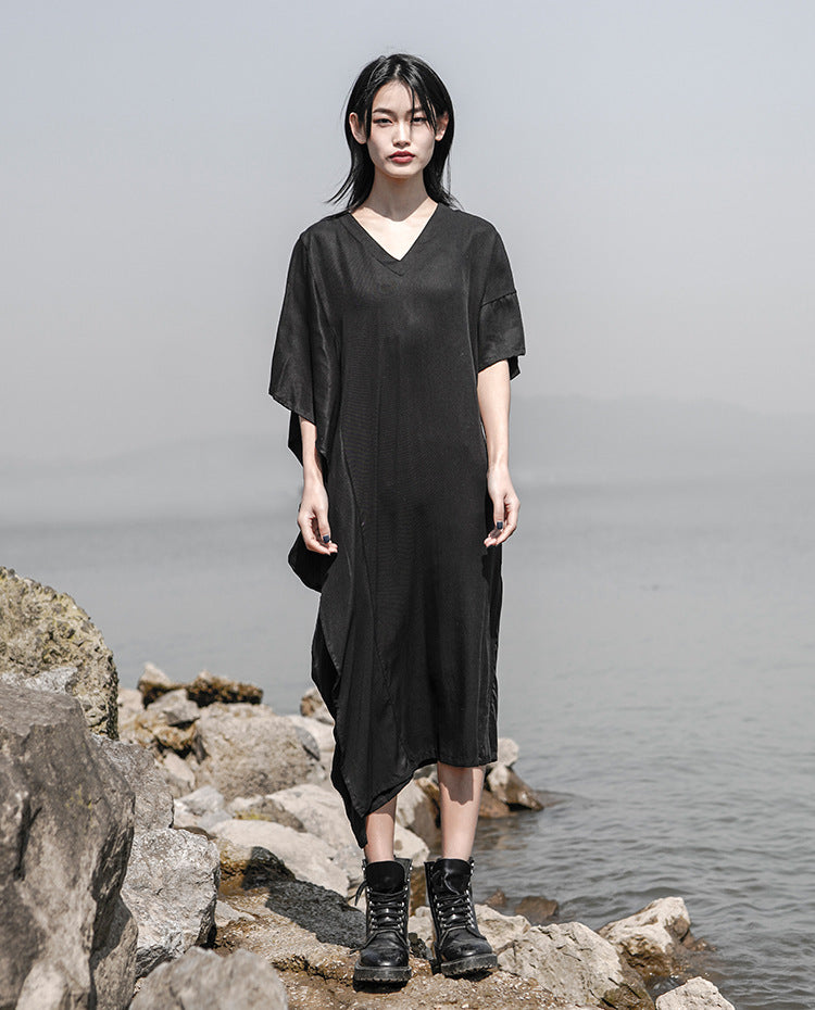 Women V-Neck Asymmetrical Loose Pleated Casual Dress