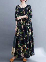 Round Neck Long Sleeve Floral Printed Retro Maxi Dress