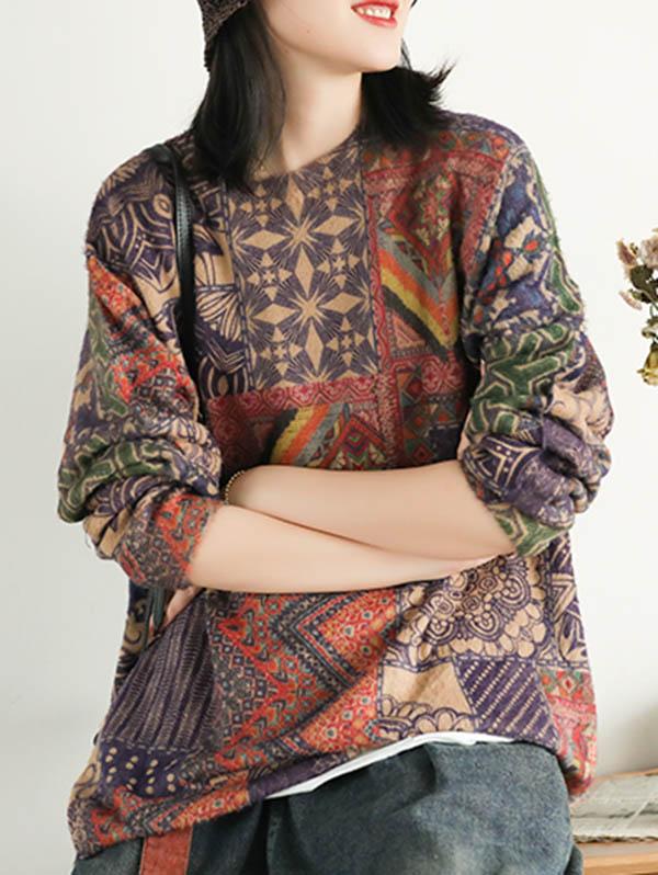 Ethnic Style Round Neck Print Sweater