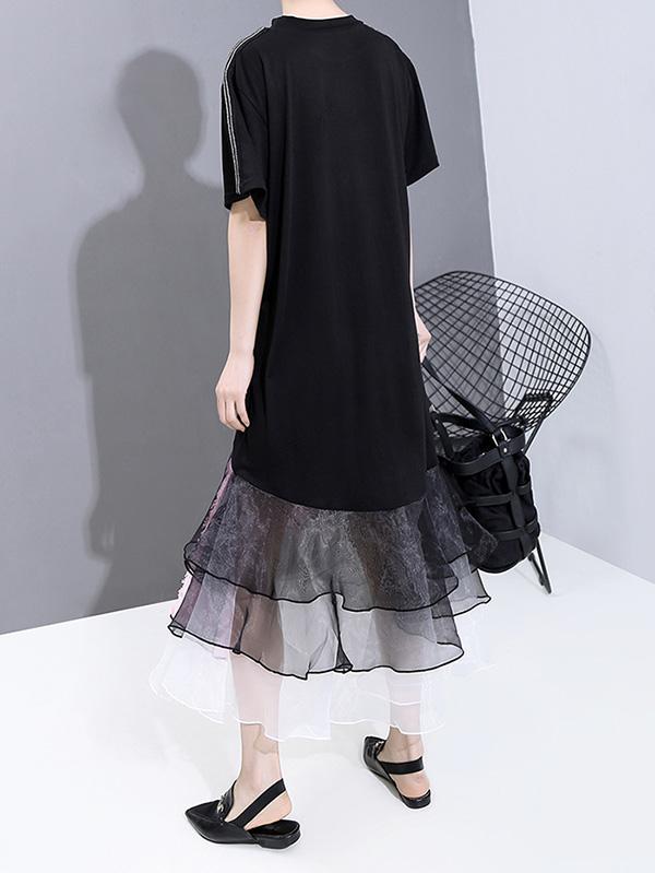 Cropped Mesh Falbala Splicing Dress