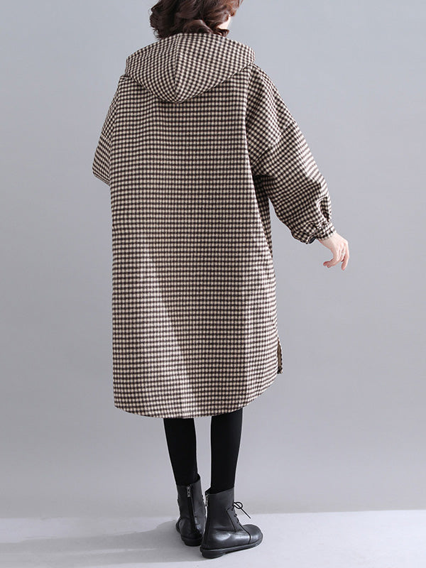 Loose Plaid Hooded Quilted Coat