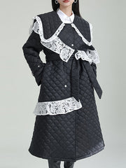 Asymmetric Quilted Ruffled Tied Waist Long Sleeves Roomy Peter Pan Collar Padded Coat