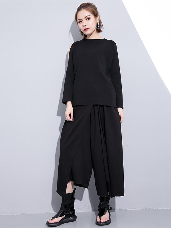 Black Loose Casual Pants Lace-Up Wide Leg Pants