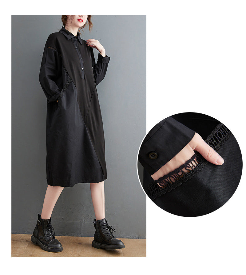 Solid Color Stitching Long-Sleeved Shirt Midi Dress